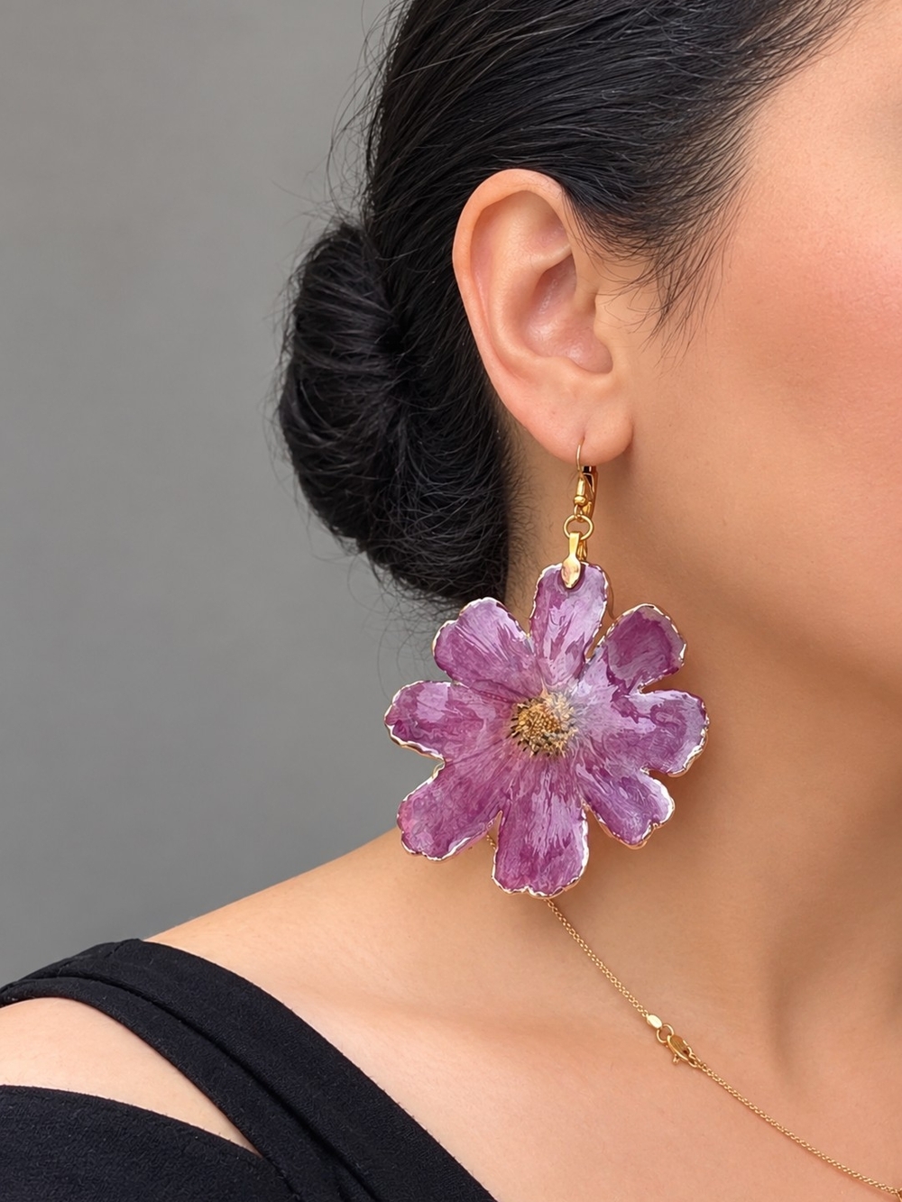 Handcrafted Purple Flower Drop Earrings with Gold Accents